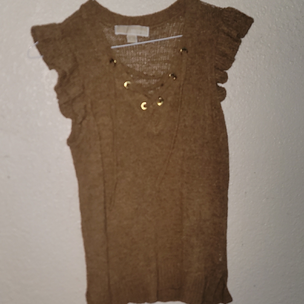 MICHAEL Michael Kors Tan Knit Ruffle Sleeve Top with Gold Trim
